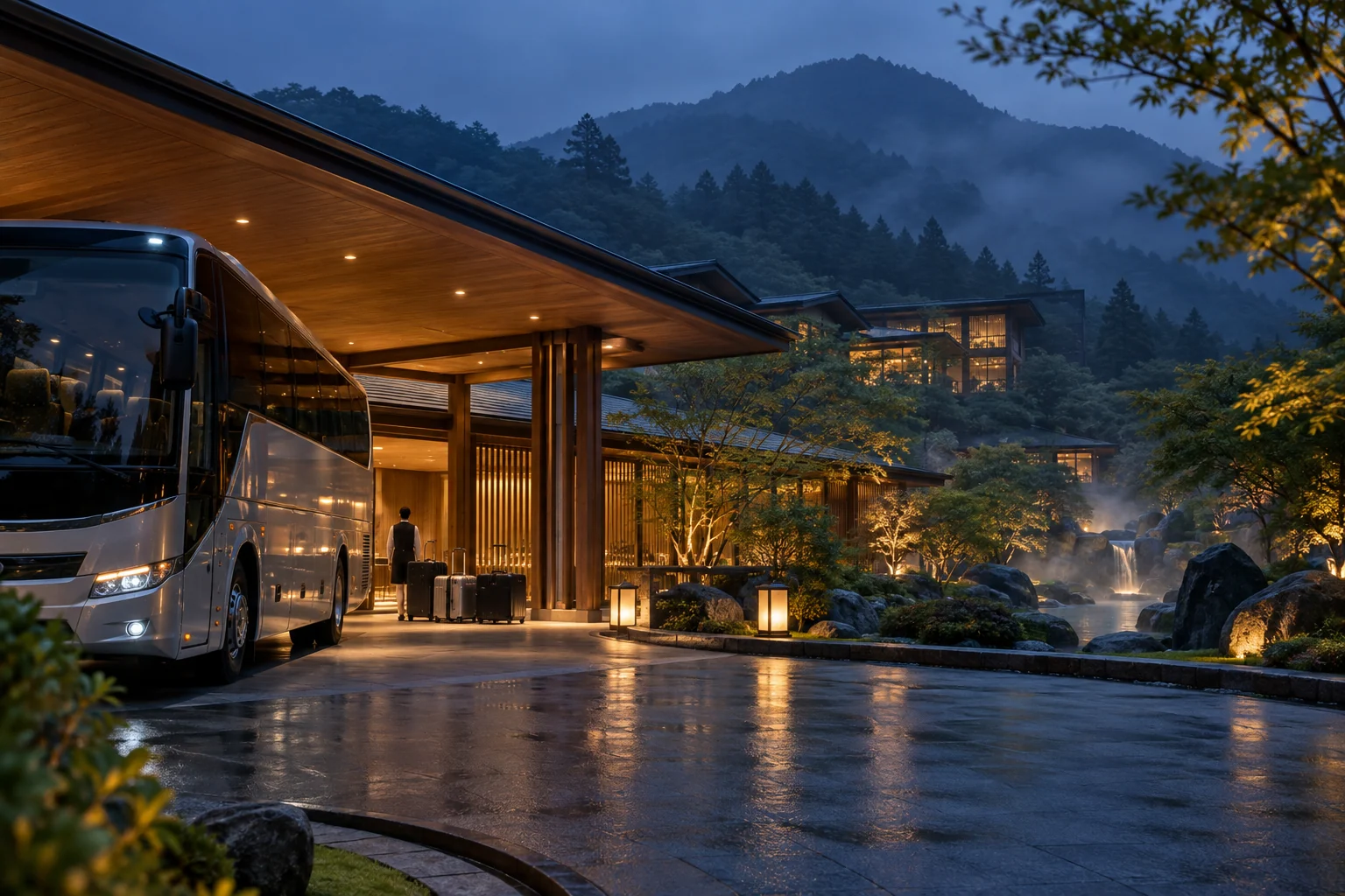 山あいの旅館に到着する観光バス