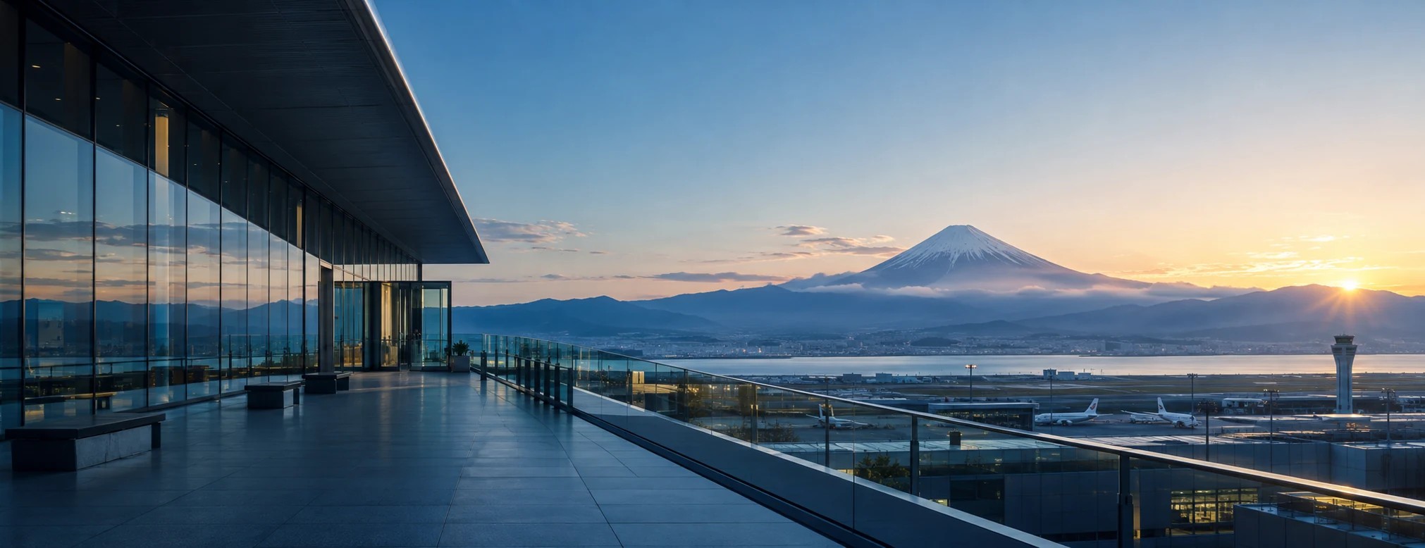 国際空港のテラスから望む富士山と朝景